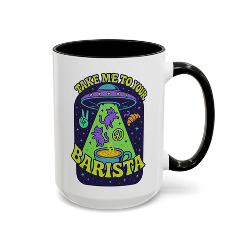 White ceramic coffee mug with a bright yellow handle and interior, featuring a printed alien abduction design with two purple cats, peace signs, and the phrase “Take Me to Your Barista” in green and purple text.